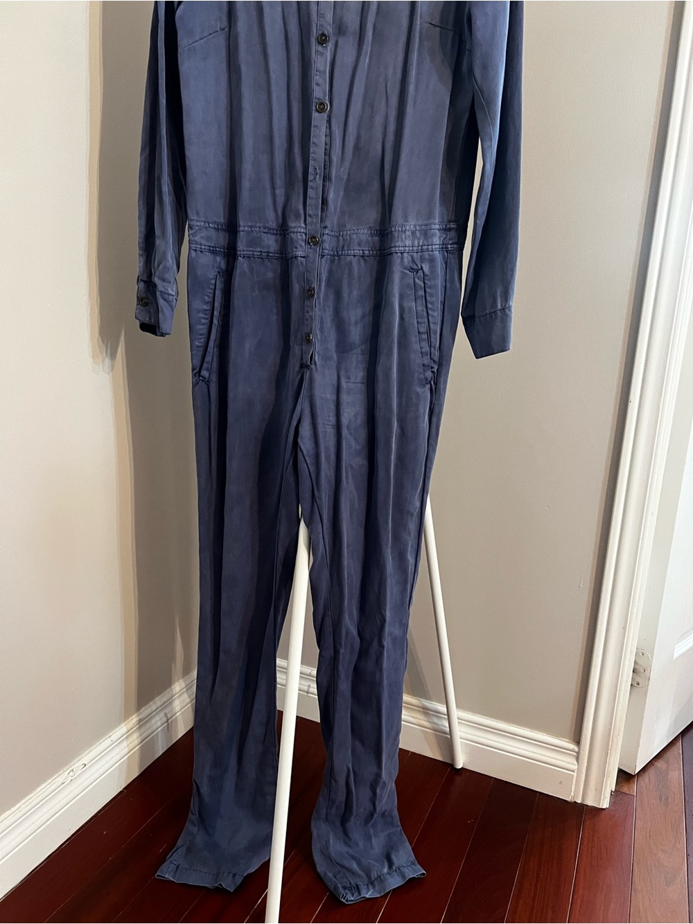 Denim Button-Front Long-Sleeve Jumpsuit - Picture 8 of 10